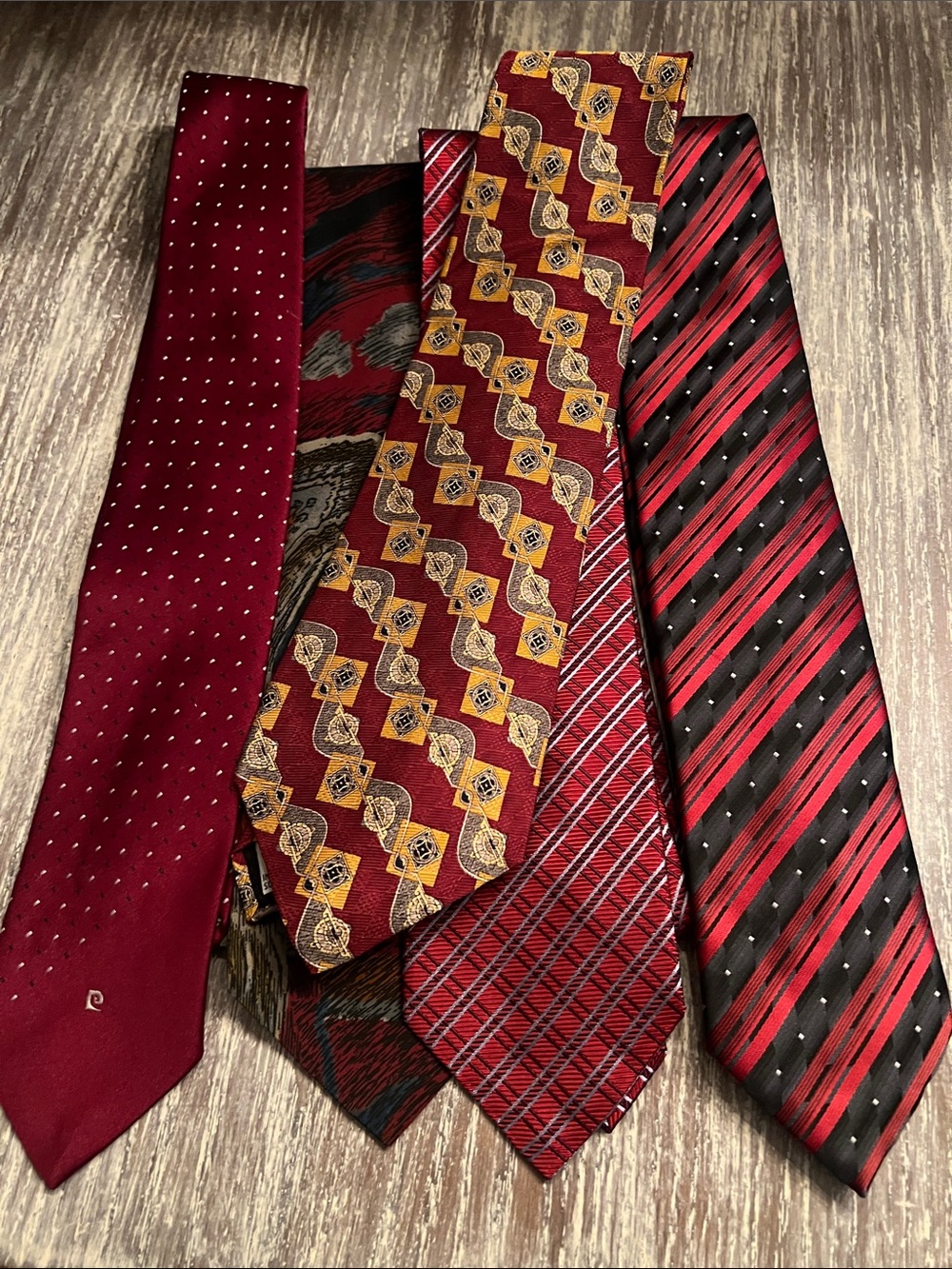 Pierre Cardin and assorted Red & Gold Patterned Necktie Set. New in pkg set of 5